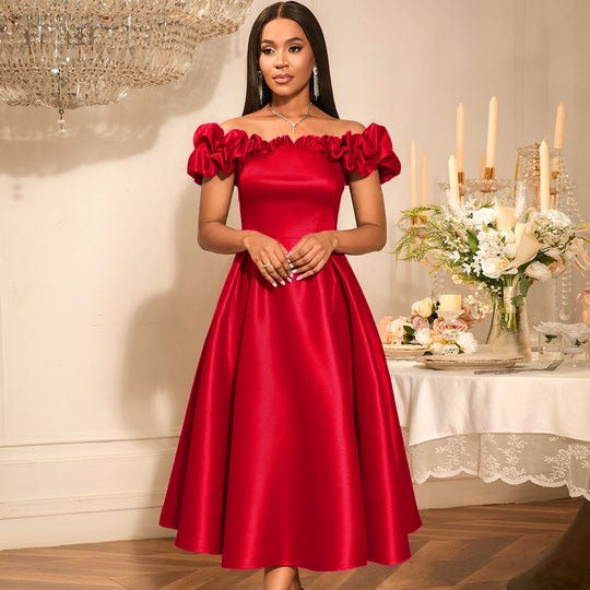 Damen Cocktailkleid mit schulterfreiem Design und voluminösen Rüschendetails R&B