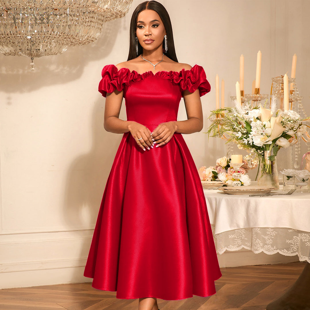 Damen Midi-Party Kleid mit schulterfreiem Design und voluminösen Rüschen R&B
