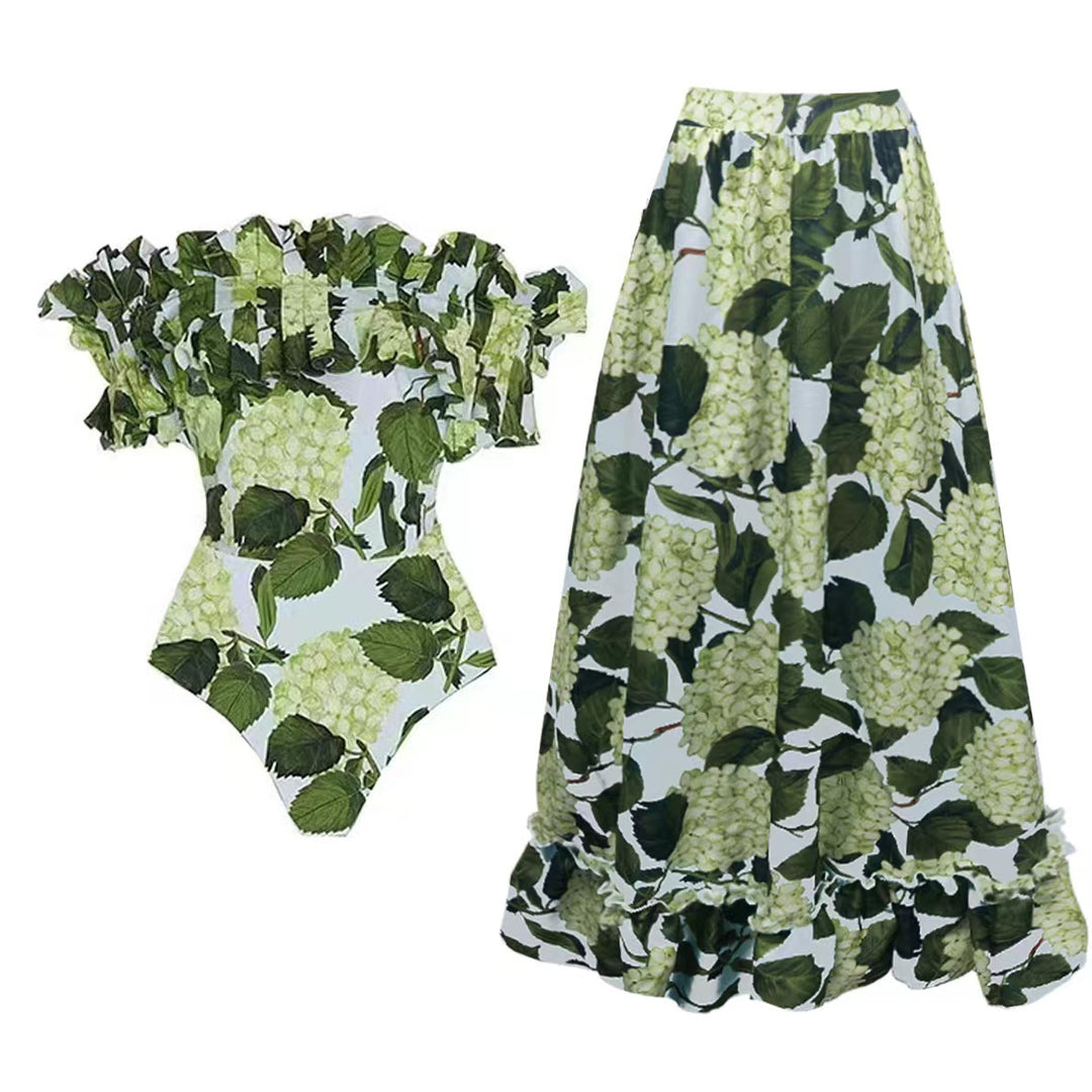 Damen Einteiler Badeanzug mit voluminösen Rüschendetails und floralem Design R&B
