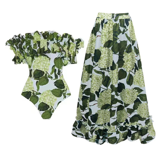 Damen Einteiler Badeanzug mit voluminösen Rüschendetails und floralem Design R&B