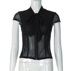 Damen Edles Spitzenoberteil mit dekorativer Schleife und transparentem Design R&B