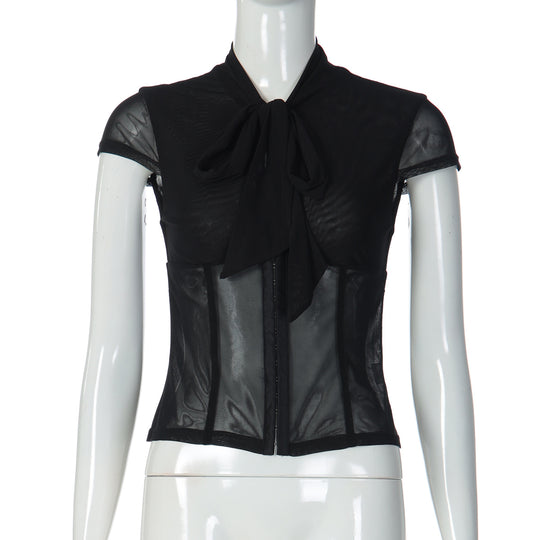 Damen Edles Spitzenoberteil mit dekorativer Schleife und transparentem Design R&B
