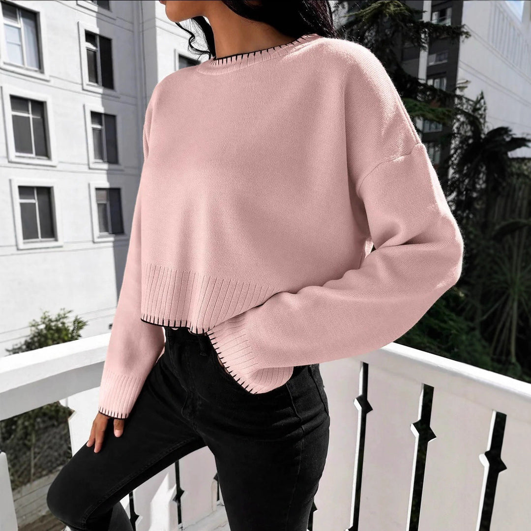 Damen lässiger Strickpullover mit kontrastierenden Nähten und cropped Schnitt R&B