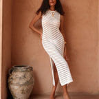 Damen elegantes gestricktes Maxikleid mit Strickmuster und seitlichem Schlitz R&B