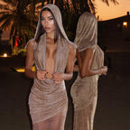 Damen Elegantes Maxikleid mit tiefem Pracht-Ausschnitt und durchscheinendem Stoff R&B