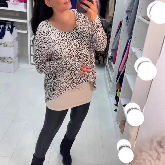 Damen nan weit geschnittenes Tunika-Longsleeve mit Leomuster, abgerundetem Saum und Lagenoptik R&B