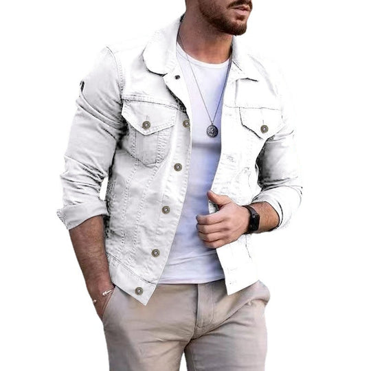 Herren nan taillierte Jeansjacke im Trucker-Stil mit Brusttaschen und Metallknöpfen R&B