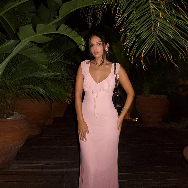 Damen figurbetontes Maxikleid mit Rüschendetails und V-Ausschnitt R&B