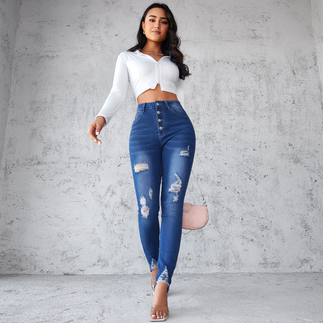 Damen High-Waist Skinny Jeans mit modischen Rissen und Knopfdetails R&B