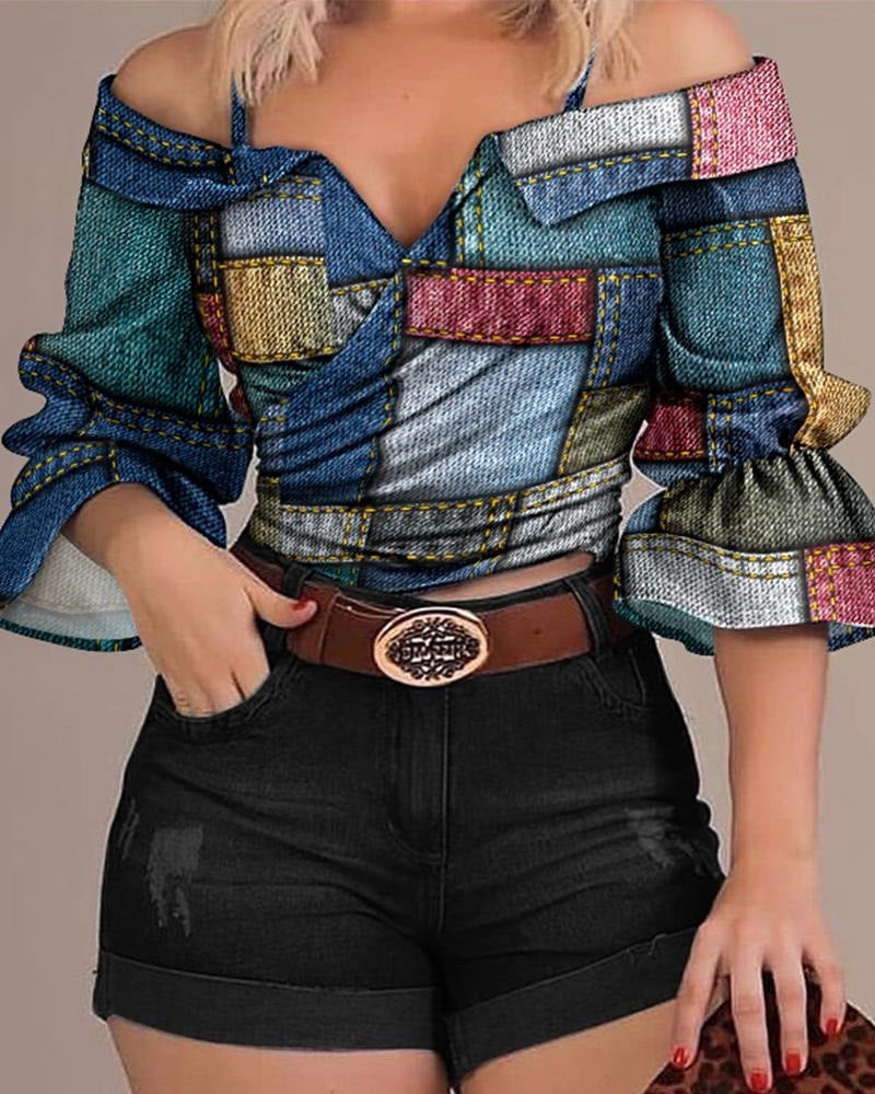 Damen modisches Oberteil mit voluminösen Ärmeln und Patchwork-Design R&B