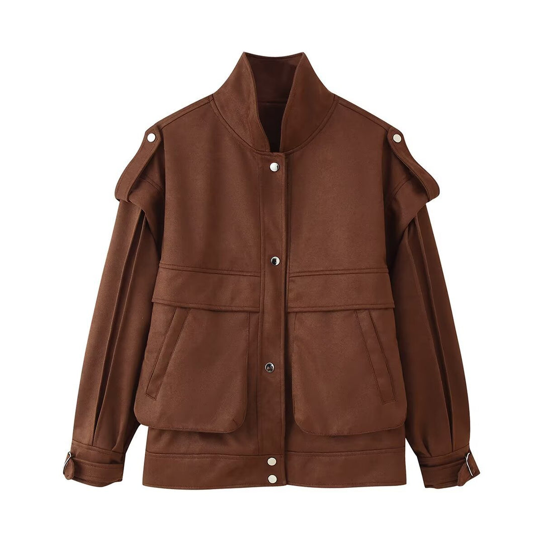 Damen Modische Utility-Jacke mit hohen Kragen und praktischen Taschen R&B
