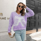 Damen Strickpullover mit kreativem Rippenmuster und V-Ausschnitt R&B