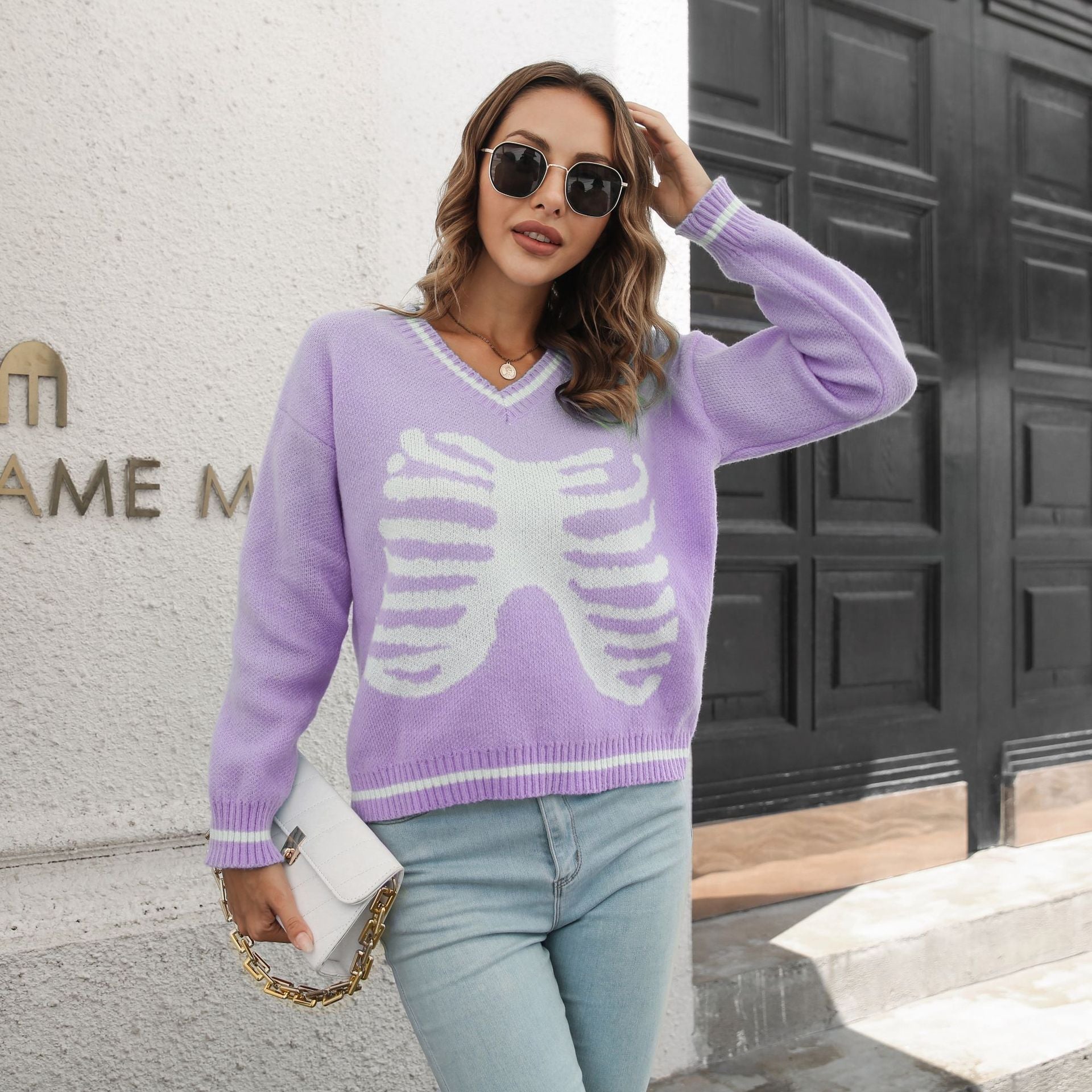 Damen Strickpullover mit kreativem Rippenmuster und V-Ausschnitt R&B