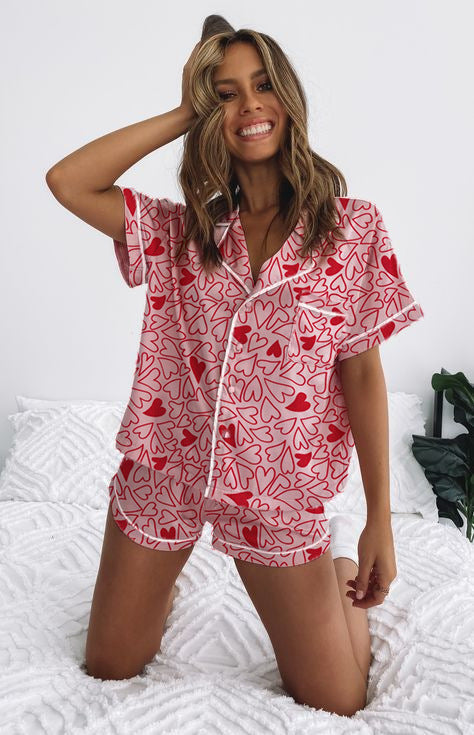 Damen Kurzarm-Pyjama-Set mit verspieltem Schleifenmuster R&B