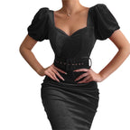 Damen Figurbetontes Kleid mit Puffärmeln und Gürtel R&B