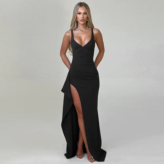 Damen Elegantes Maxikleid mit seitlichem Schlitz und verführerischem V-Ausschnitt R&B