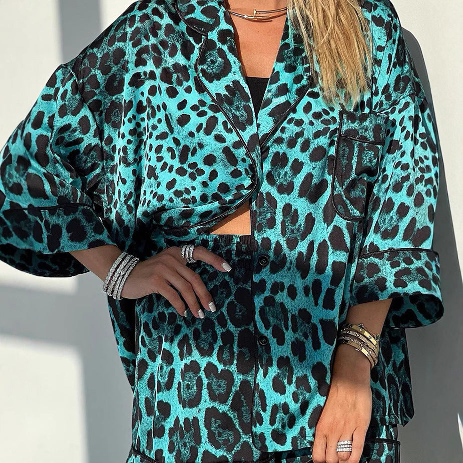 Damen Satin-Kurzarmbluse mit Leopardenmuster und lässigem Schnitt R&B