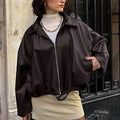 Damen lässige Oversized-Jacke mit Reißverschluss und breitem Kragen R&B