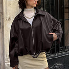 Damen lässige Oversized-Jacke mit Reißverschluss und breitem Kragen R&B