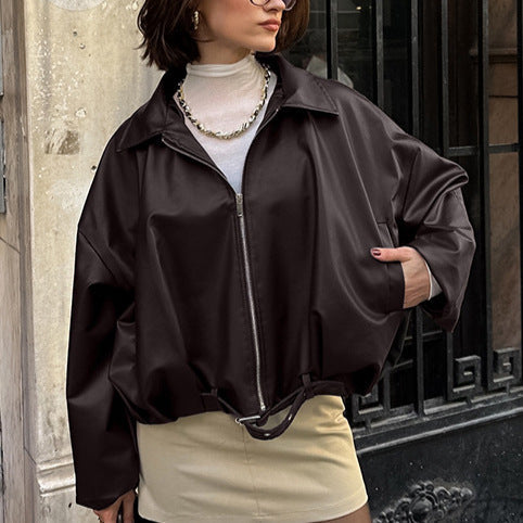 Damen lässige Oversized-Jacke mit Reißverschluss und breitem Kragen R&B