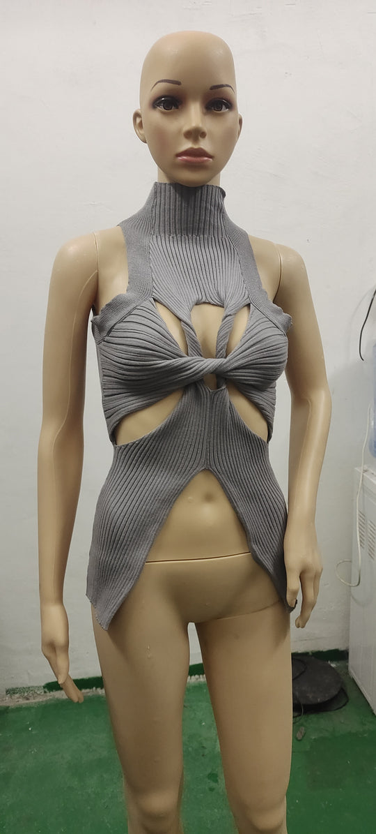 Damen figurbetontes Cut-Out Top mit hohem Kragen R&B