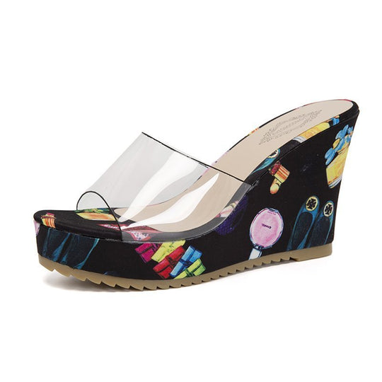 Damen nan PVC-Riemen Keilpantoletten mit floral bedruckter Keilsohle und ergonomischem Komfortfußbett R&B