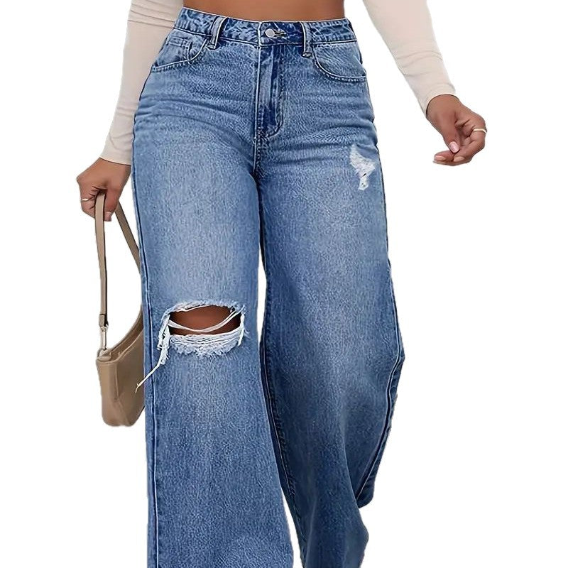Damen Weite High-Waist Jeans mit modischen Rissdetails R&B