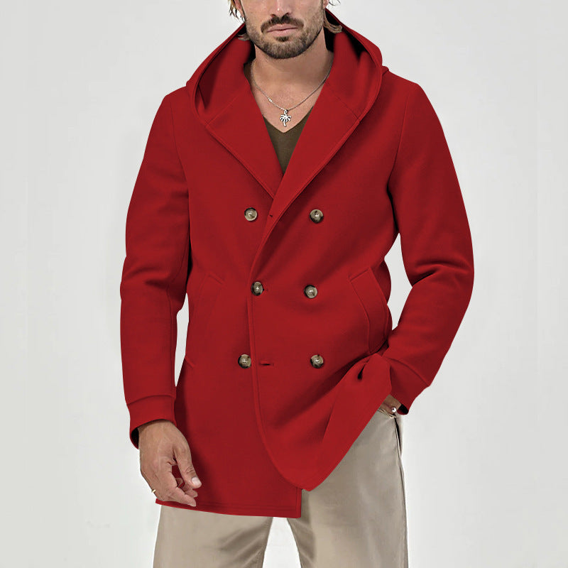 Herren eleganter Doppeltknopf-Mantel mit Kapuze und praktischen Taschen R&B