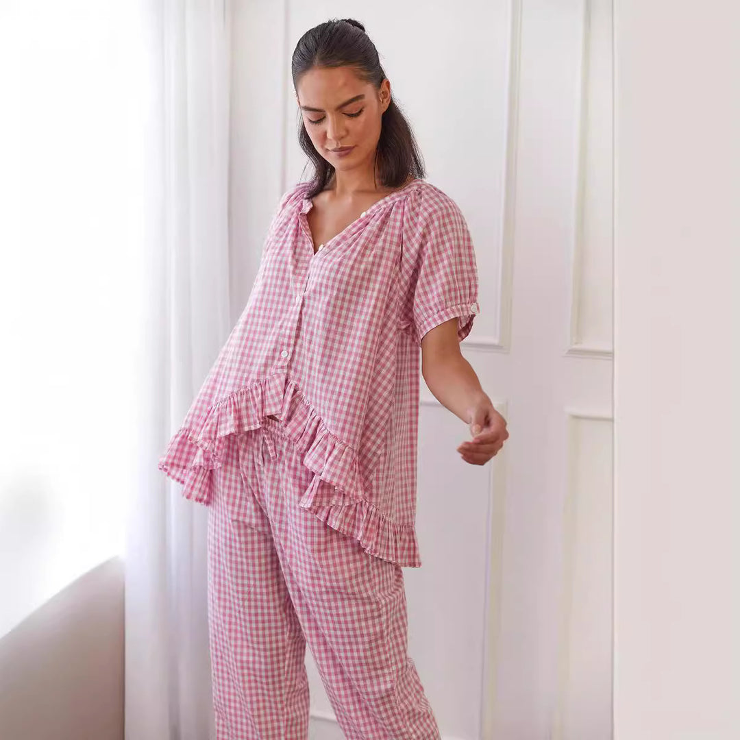 Damen Pyjama-Set mit Rüschen und Karomuster R&B