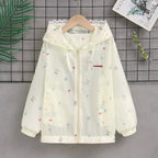 Damen nan leichte Kapuzen-Sommerjacke mit Spitzenbesatz, zartem Allover-Print und Reißverschluss R&B