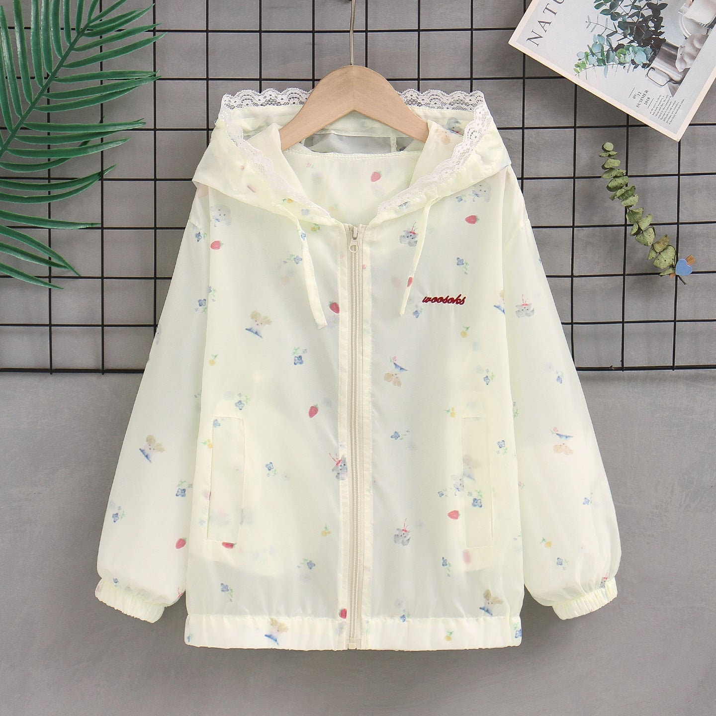 Damen nan leichte Kapuzen-Sommerjacke mit Spitzenbesatz, zartem Allover-Print und Reißverschluss R&B