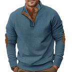 Herren nan geripptes Henley-Langarmshirt mit Stehkragen und Leder-Ellbogenpatches R&B