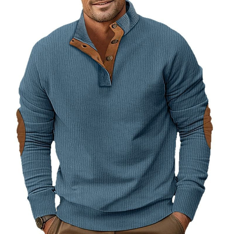 Herren nan geripptes Henley-Langarmshirt mit Stehkragen und Leder-Ellbogenpatches R&B