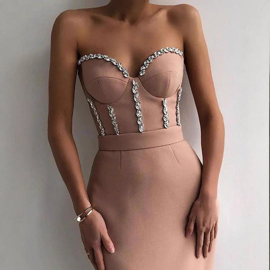 Damen figurbetontes Abendkleid mit eleganter Bustier-Optik und schimmernden Applikationen R&B