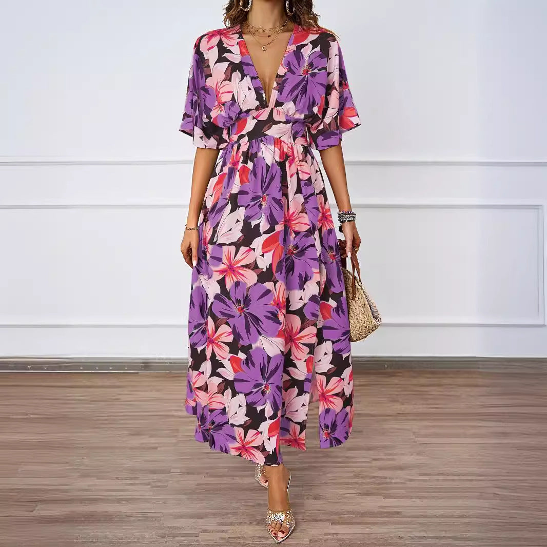 Damen Voluminöses Maxikleid mit floralem Design und tiefem V-Ausschnitt R&B