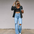 Damen Gefütterte Wide-Leg Jeans mit modischen Rissen und hohem Bund R&B