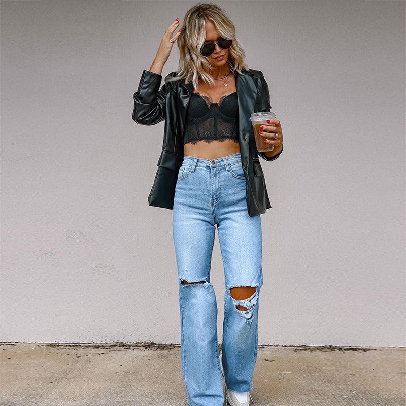 Damen Gefütterte Wide-Leg Jeans mit modischen Rissen und hohem Bund R&B