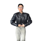 Damen Edle Kunstlederjacke mit modernem Stehkragen und kontrastierenden Nähten R&B