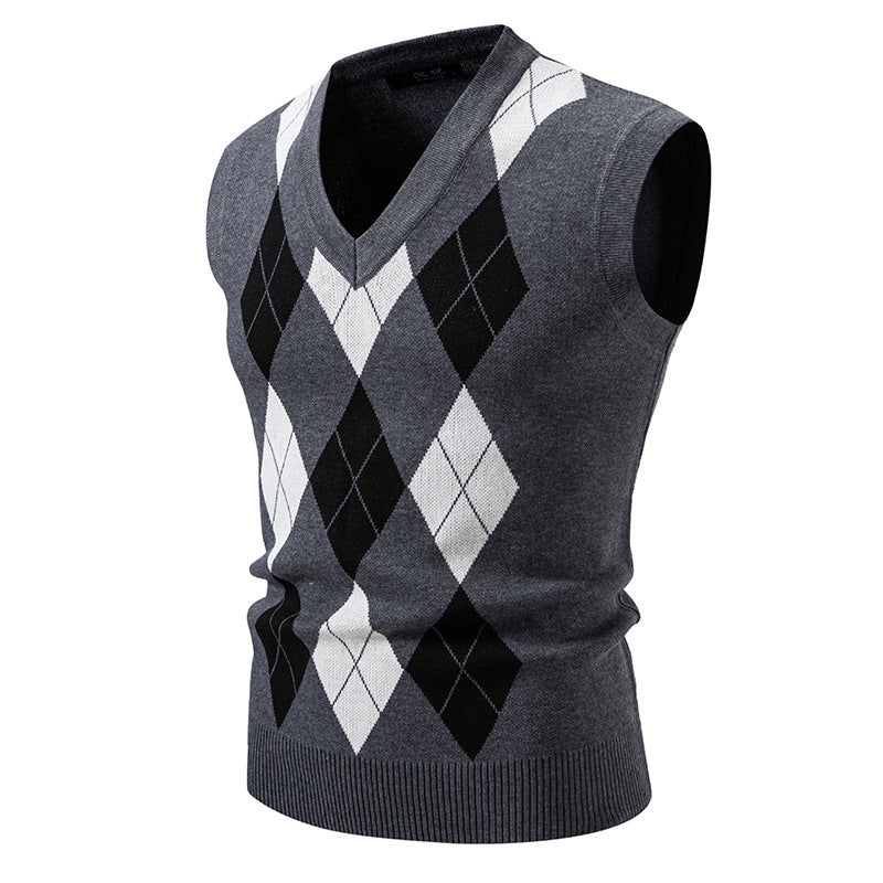 Herren ärmellose Strickweste mit klassischem Rautenmuster R&B