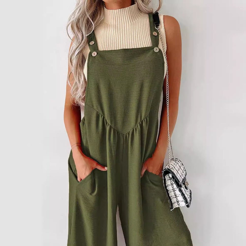 Damen lässiger Jumpsuit mit weit geschnittenem Bein und dekorativen Knopfdetails R&B