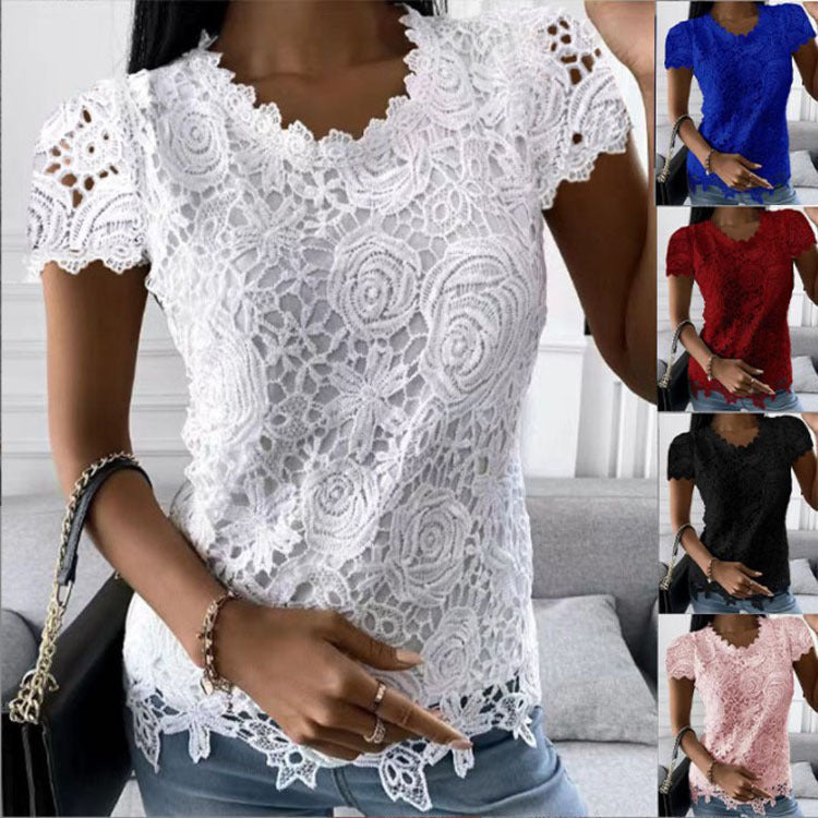Damen nan Spitzenoberteil mit V-Ausschnitt, taillierter Silhouette und romantischem Wellensaum R&B