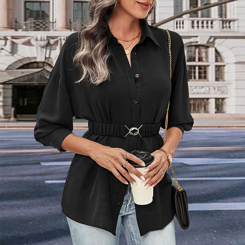 Damen Bluse mit taillierbarem Gürtel und klassischem Knopfdesign R&B