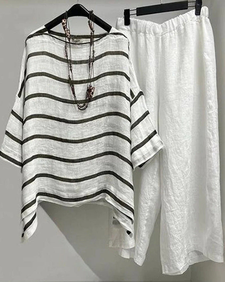 Damen nan lässiges Leinen-Set mit asymmetrischer Streifenbluse und weiter Elastikbund-Hose R&B