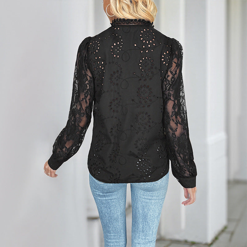 Damen Elegante Bluse mit Spitzenärmeln und strukturiertem Design R&B