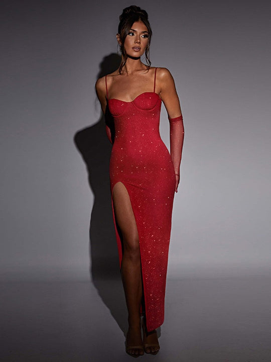Damen Glitzerndes Maxikleid mit tiefem Schlitz und elegantem Bustier-Oberteil R&B