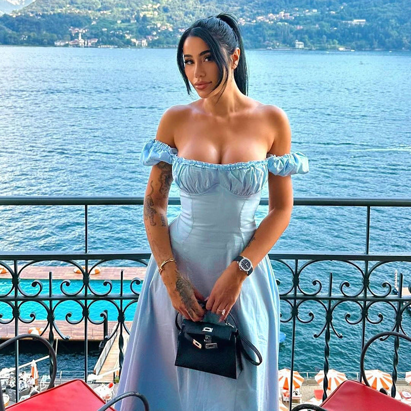 Damen Maxi-Kleid mit voluminösen Puffärmeln und elastischem Ausschnitt R&B