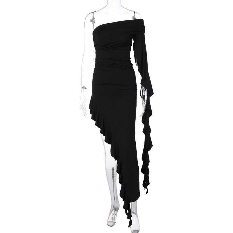 Damen elegantes Wickelkleid mit asymmetrischem Rüschendesign und dekorativem Oberteil R&B