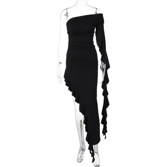 Damen elegantes Wickelkleid mit asymmetrischem Rüschendesign und dekorativem Oberteil R&B