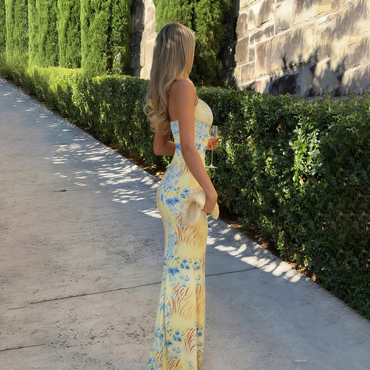 Damen figurbetontes Maxikleid mit floralem Muster und sexy Schlitz R&B