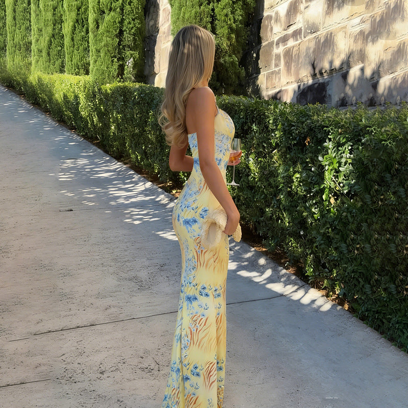 Damen figurbetontes Maxikleid mit floralem Muster und sexy Schlitz R&B